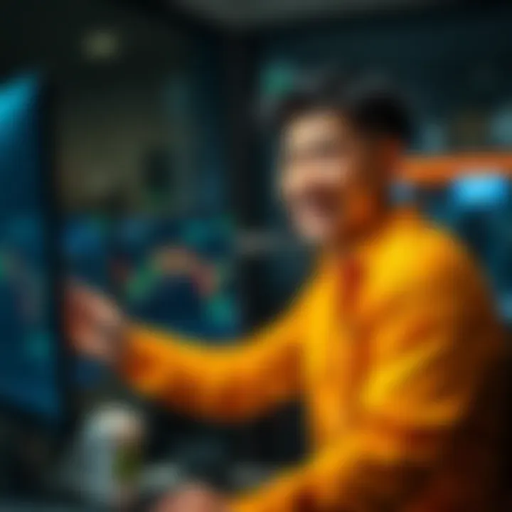 Garrett Jin smiles while looking at stock charts on a computer in front of him, reflecting his journey from an 80 million loss to a 10 million gain in trading.