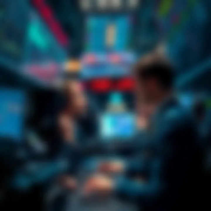 Traders reacting to news of AAVE's price drop during a live session, screens showing market data and panic expressions