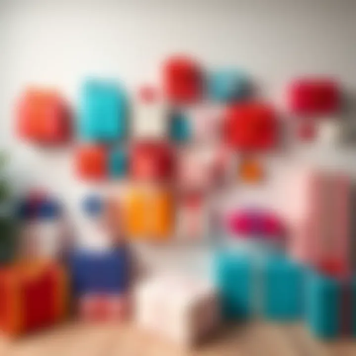 Gift boxes for wall decor Colorful gift boxes arranged on a wall, showcasing various sizes and designs for decoration.