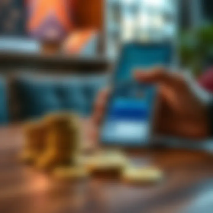 Gifted Solana Coins on a Table A close-up of Solana coins placed on a wooden table with a hand holding a smartphone displaying a crypto wallet app.