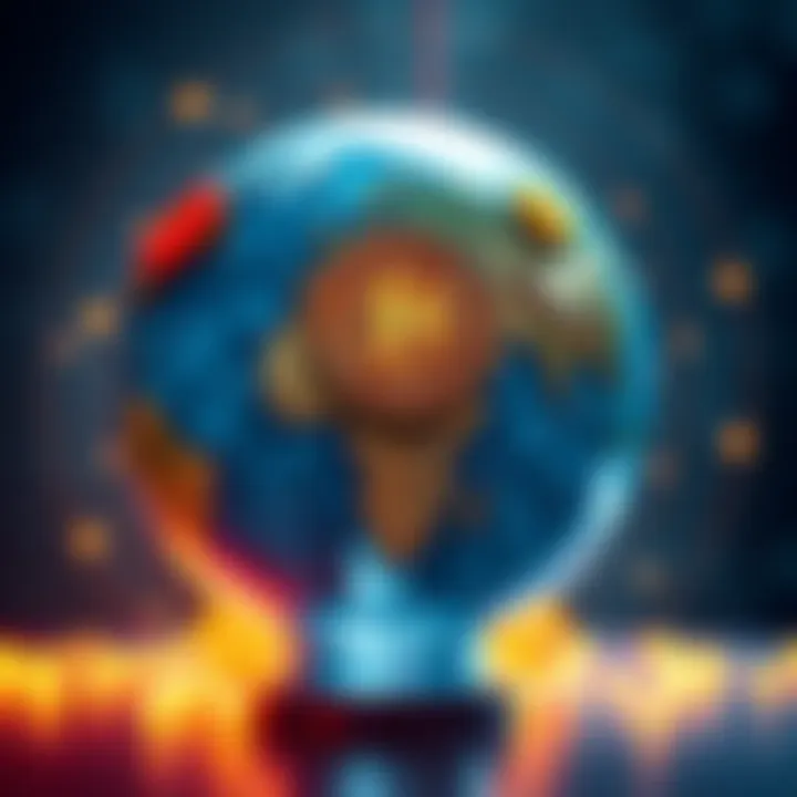 A graphic showing a globe with currency symbols, representing stablecoins affecting global economies, especially in India and China.