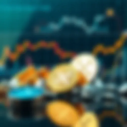 A graphic showing rising gold and silver prices against a backdrop of a downward trending market chart, with a symbol of XRP representing digital currency.