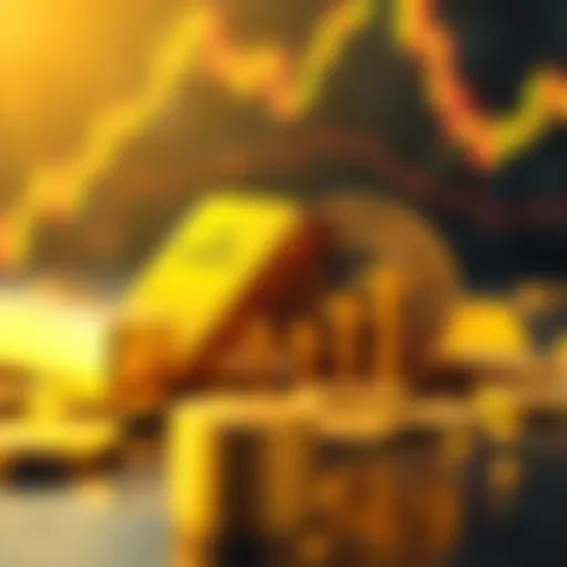 A visual representation of gold bars and Bitcoin coins showing market trends, with upward arrows indicating rising values.