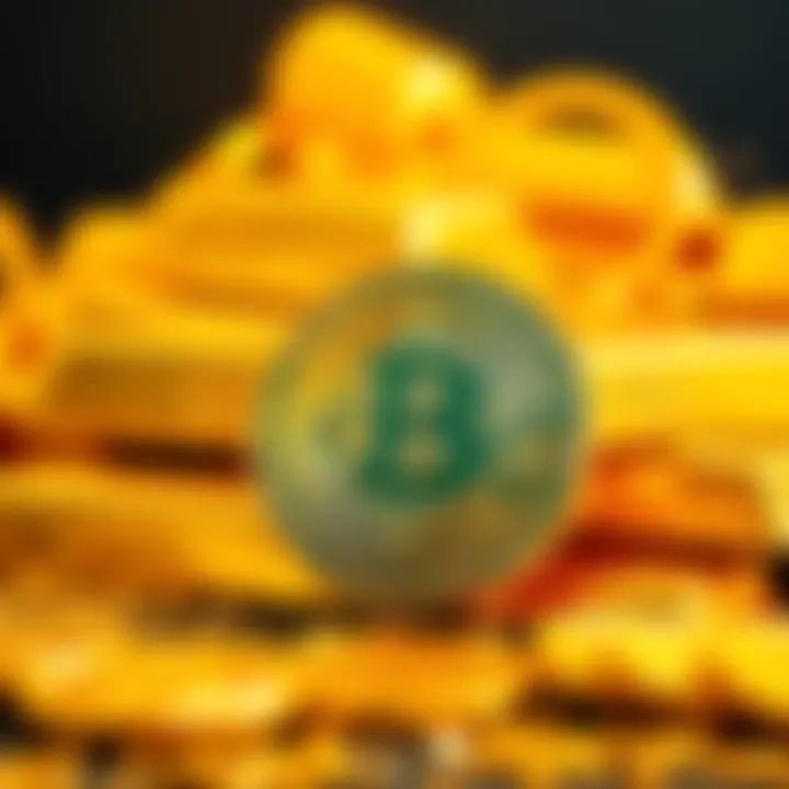 Gold bars stacked with a Bitcoin symbol in front, representing financial market competition.