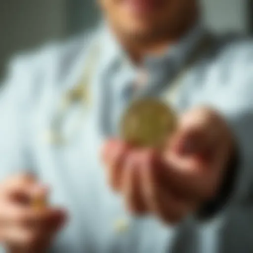 A person holds gold coins in one hand and a Bitcoin symbol in the other, weighing their investment options.