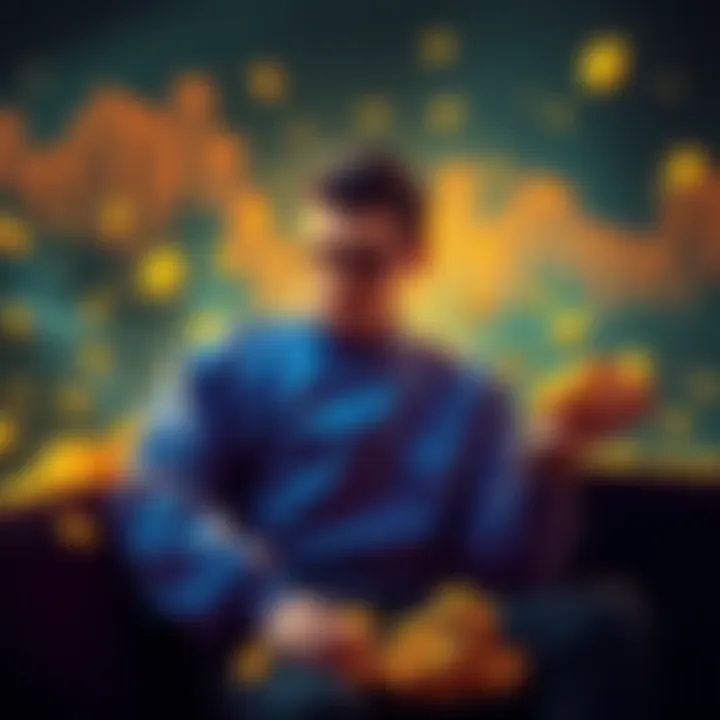 Gold investments over crypto A person sitting calmly with gold coins in hand, looking relaxed and thoughtful, symbolizing a focus on mental health instead of cryptocurrency greed.