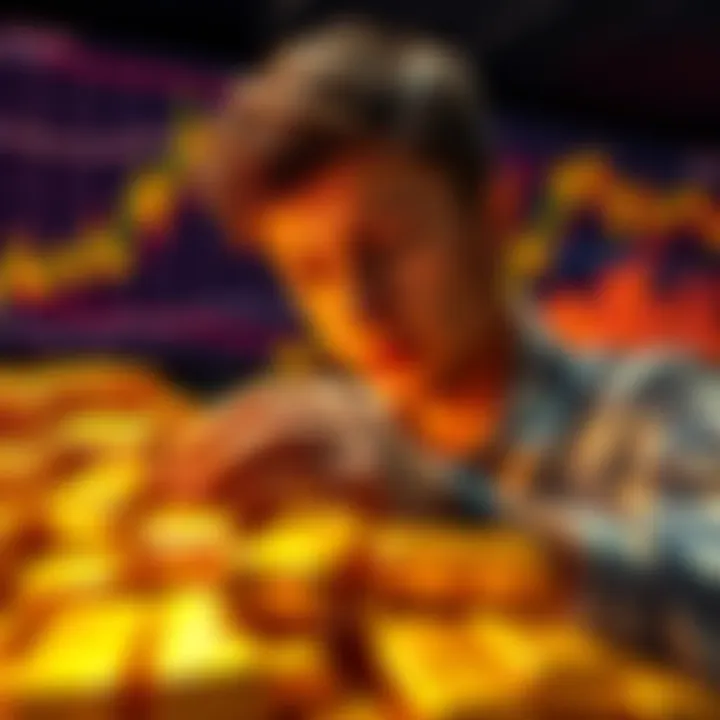 A person examining gold packs with financial charts in the background