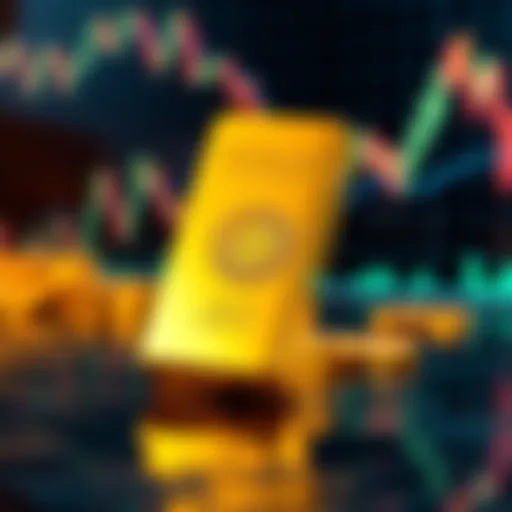 A bar of gold with a background showing a fluctuating price chart and Bitcoin logo