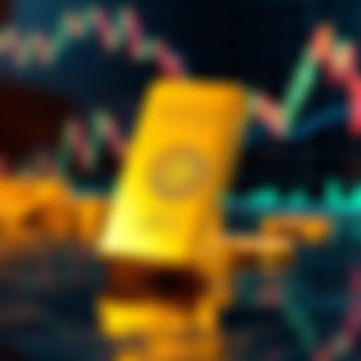 A bar of gold with a background showing a fluctuating price chart and Bitcoin logo