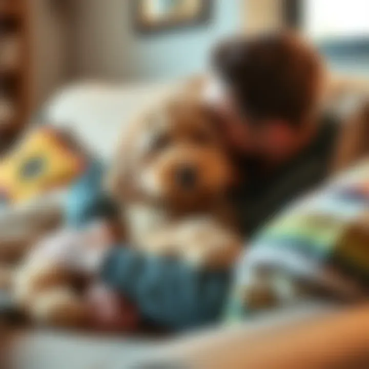 A goldendoodle named Obsidian cuddles with his owner on a cozy couch, radiating warmth and love.