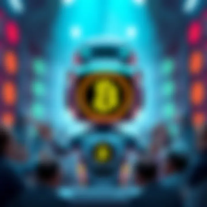 A humorous representation of Google's AI predicting Bitcoin's price for 2030, showing a cartoonish robot with a Bitcoin symbol and people laughing around it.