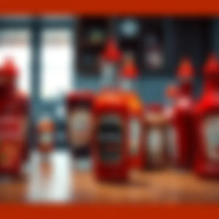 Ketchup bottle with gourmet options A variety of gourmet ketchup bottles arranged on a kitchen table, showcasing different flavors and colors, illustrating ketchup's rise in popularity.