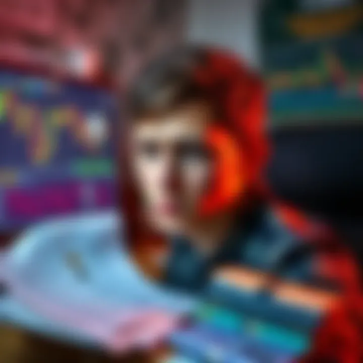 A young man looks stressed while sitting in front of a computer screen showing cryptocurrency charts; law enforcement documents are scattered around him.