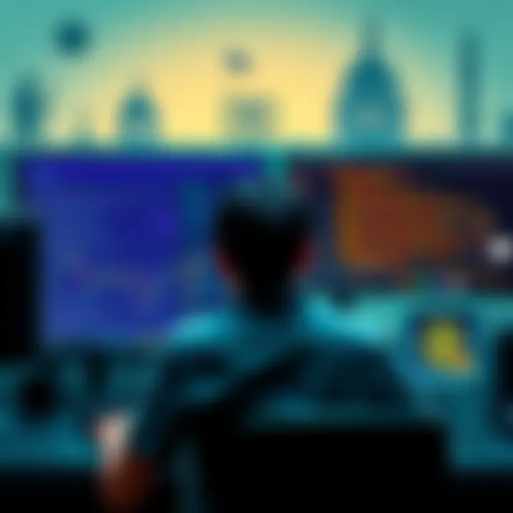 A person sitting at a computer, looking concerned while discussing cryptocurrency on an online forum, with government-related imagery in the background.