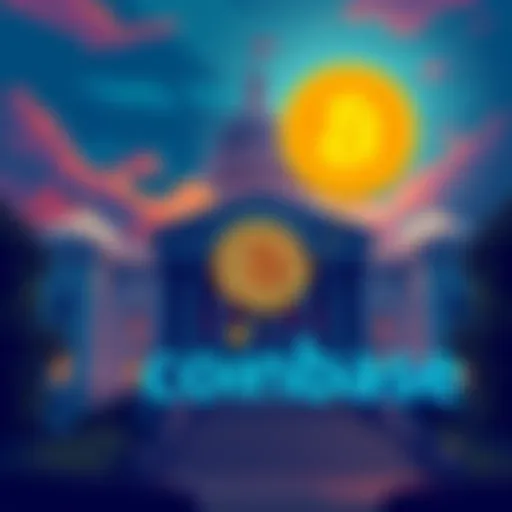 Illustration of a government building with a Bitcoin symbol being transferred to a Coinbase logo