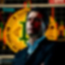Illinois Governor J.B. Pritzker stands in front of a Bitcoin graphic, looking concerned about digital currency knowledge.