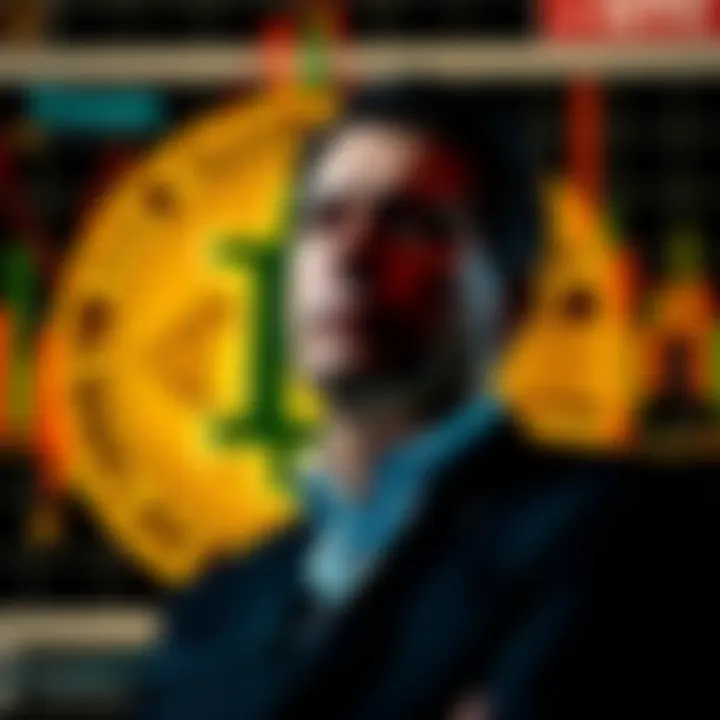 Illinois Governor J.B. Pritzker stands in front of a Bitcoin graphic, looking concerned about digital currency knowledge.