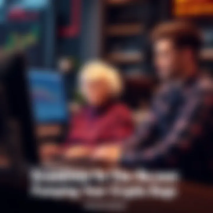 An elderly woman sitting at a computer, reviewing cryptocurrency charts with a young adult, both looking engaged and supportive