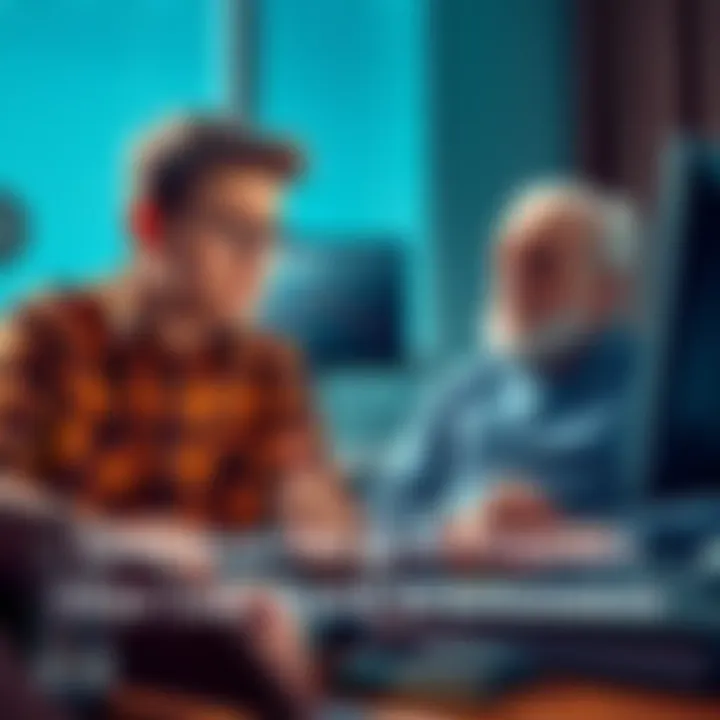 Grandson Hiding Investment Loss A worried grandson talks to his elderly grandfather about finances, with a sad expression. A computer screen shows a declining investment value. The grandfather looks confused and concerned.