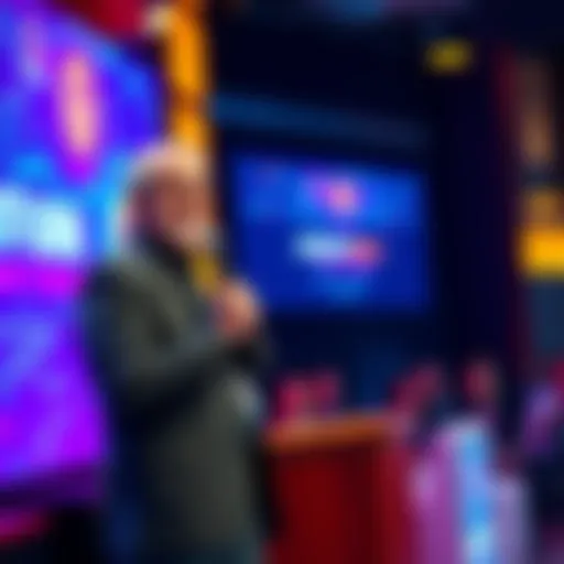 Gregg Bell presents on the stage at a digital forum about quantum threats to Web3 security and internet infrastructure.