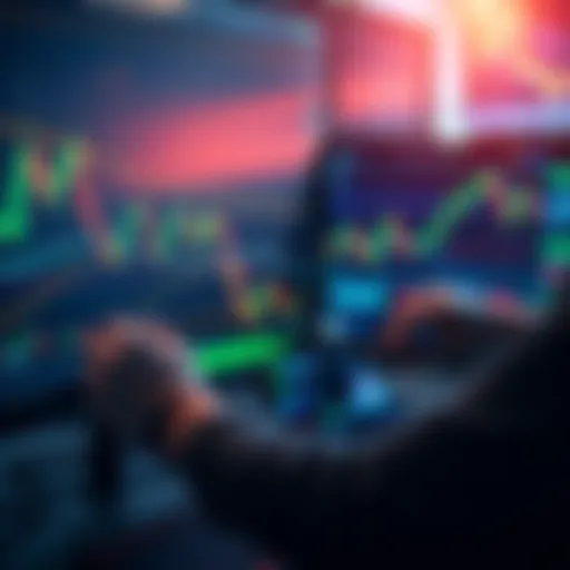 A trader adjusts their grid bot settings on a computer screen, displaying fluctuating market charts and dynamic grid lines.