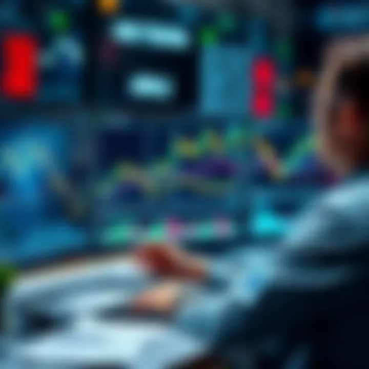 A trader examines graphs on a computer screen showing market trends and trading performance, highlighting the risks of grid trading.