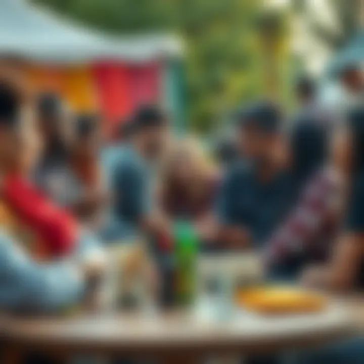 Group of people discussing cultural themes A diverse group of individuals engaged in a lively discussion about identity and culture at an outdoor gathering.