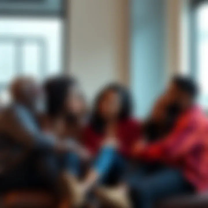A diverse group of people sitting together, engaged in a heartfelt conversation about their feelings and struggles, promoting connection and understanding.