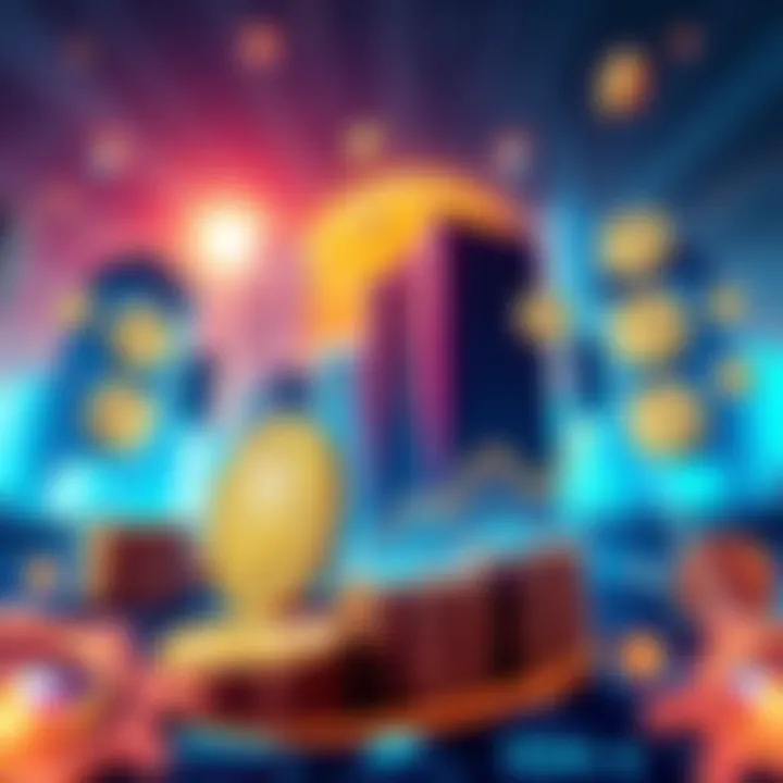 Growth of Stablecoins Illustration showing stablecoins represented by coins and charts depicting growth, with institutional buildings in the background symbolizing institutional adoption and artificial intelligence elements like gears and circuits