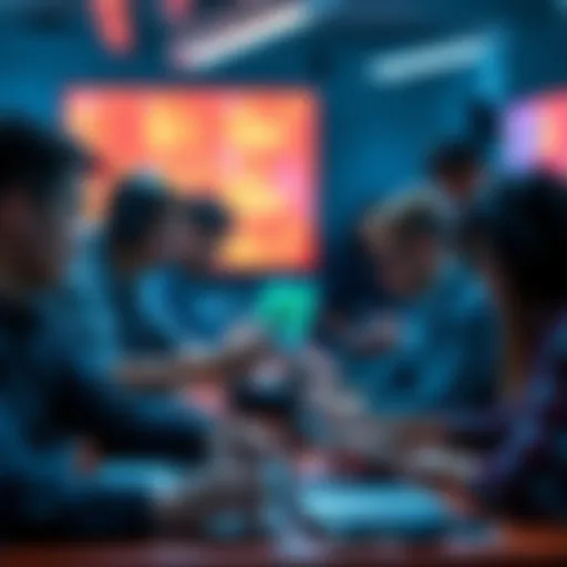 A diverse group of people engaged in a hackathon, brainstorming and working on laptops with coding and tech elements visible.