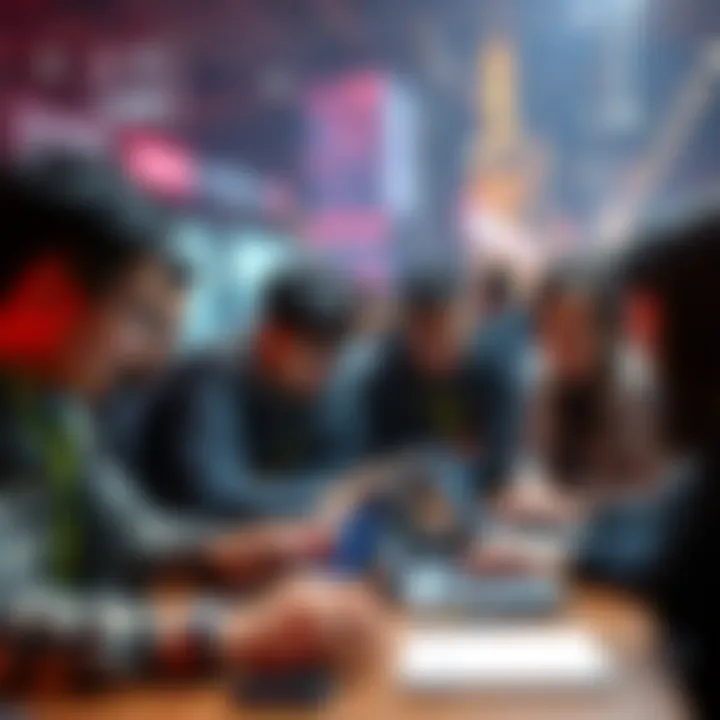 A group of diverse participants collaborating on a tech project at a hackathon in Shanghai, showcasing teamwork and idea sharing