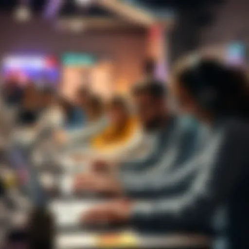 A diverse team of people working together on laptops during a hackathon, showing focus and teamwork