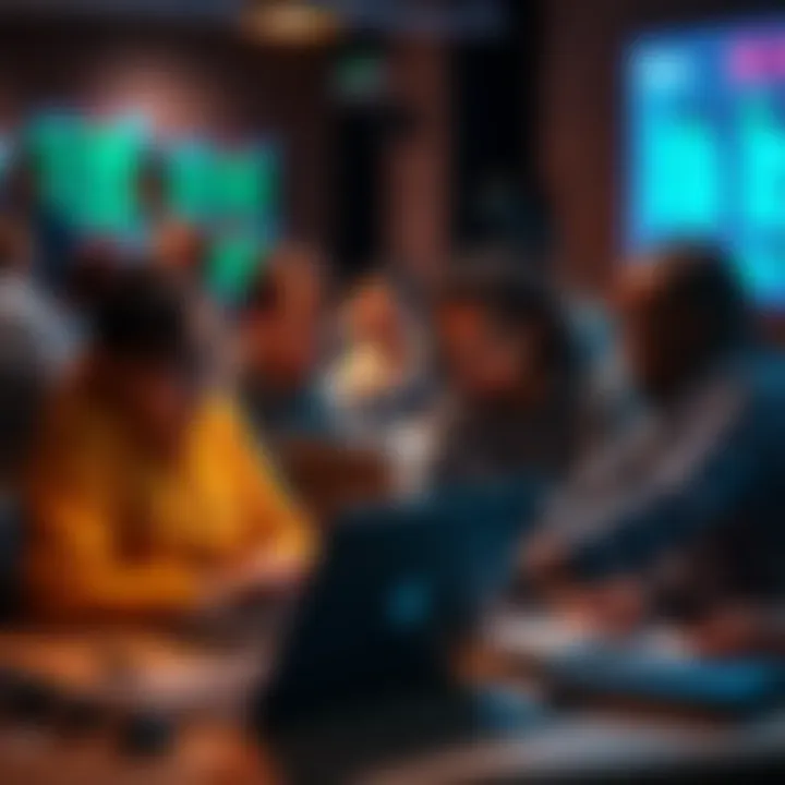 A diverse group of people collaborating on laptops during an online hackathon session