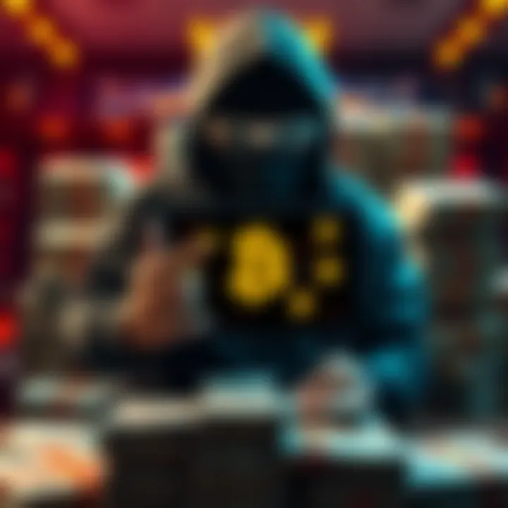 A hacker holding a digital tablet displaying Bitcoin symbols, with stacks of cash in the background, representing Epstein's hidden Bitcoin keys.