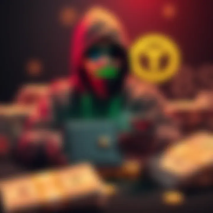 A hacker returning money with a digital wallet, symbolizing a shift to ethical hacking, alongside Tornado Cash logo and stacks of cash in the background.