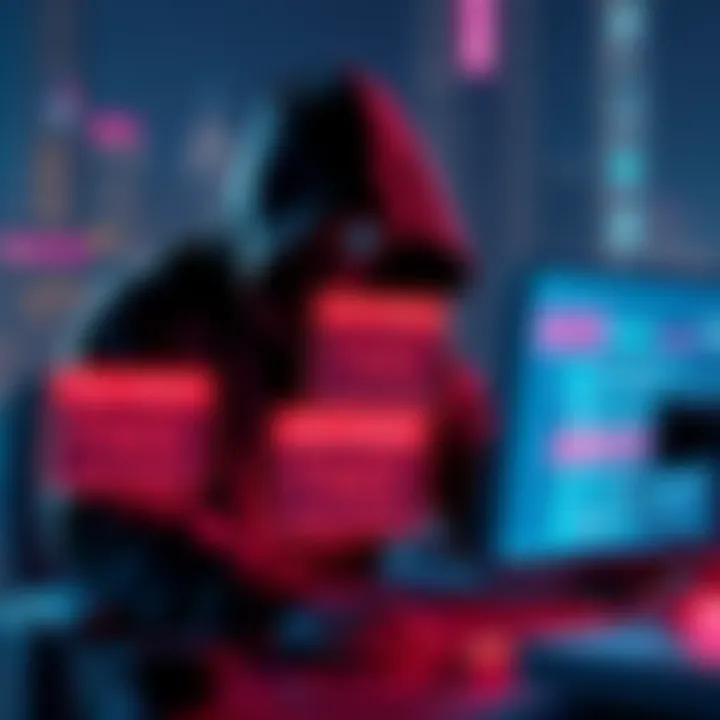 A graphic showing a hacker in front of a computer, with fake token airdrop notifications on the screen, symbolizing the threat to AI developers.