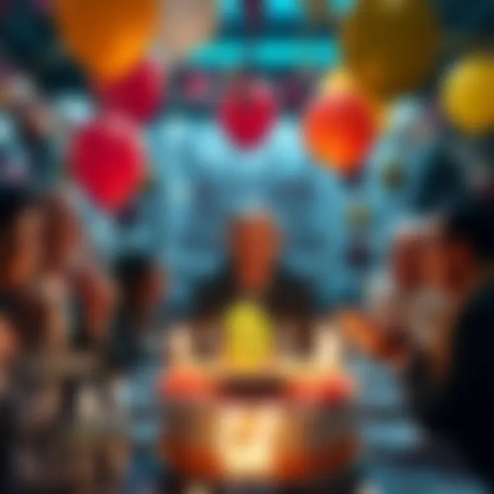 Hal Finney Birthday Celebration A gathering celebrating Hal Finney with decorations, balloons, and a cake featuring a Bitcoin symbol, honoring his contribution to cryptocurrency.