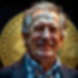 Hal Finney, the first Bitcoin receiver, smiling with a Bitcoin symbol in the background, representing his contributions to cryptocurrency despite his illness.