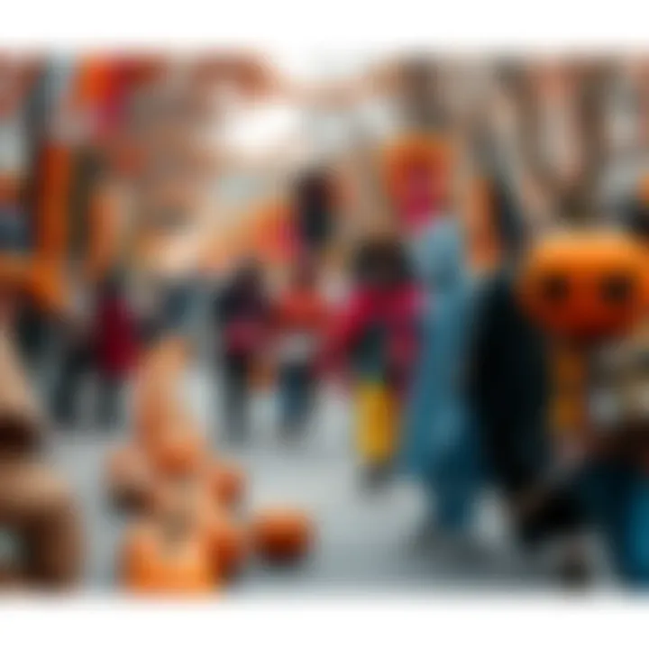 A vibrant Halloween costume parade with people dressed in various costumes, pumpkins and decorations lining the street.