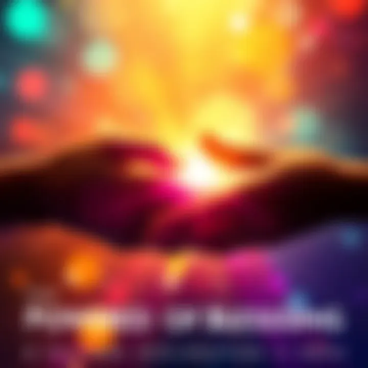 Two hands offering a blessing with colorful light surrounding them, symbolizing connection and hope.