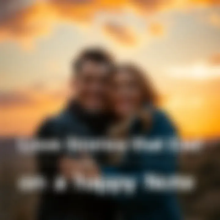 A happy couple embraces under a sunset, sharing a joyful moment, representing love and happiness.