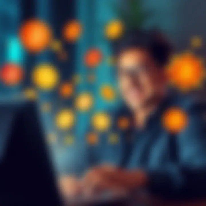 A person smiling while looking at a laptop surrounded by cryptocurrency symbols