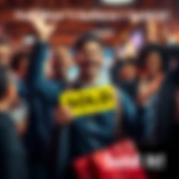 A happy person holding a sold item with a big smile, surrounded by friends who are laughing and cheering, showcasing the fun of surprising transactions.