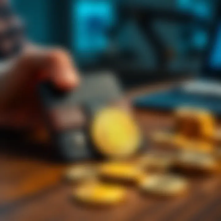 A person holding a hardware wallet next to a small amount of Bitcoin coins on a table.