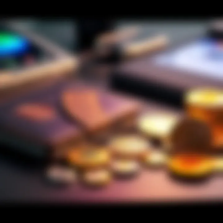 Hardware wallet and small crypto coins A hardware wallet placed next to small cryptocurrency coins on a desk