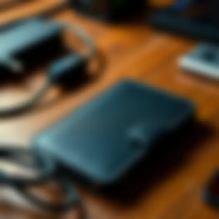 A hardware wallet device placed on a wooden table with some cables nearby, showing signs of wear and tear