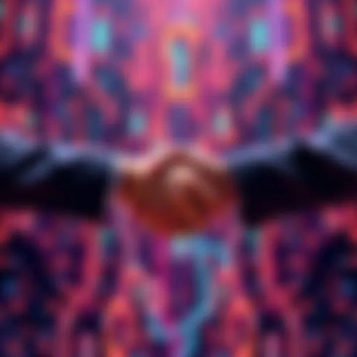 Representatives from Hashgraph and Halborn shake hands in front of a digital blockchain background, symbolizing their collaboration for enhanced security on Hedera.