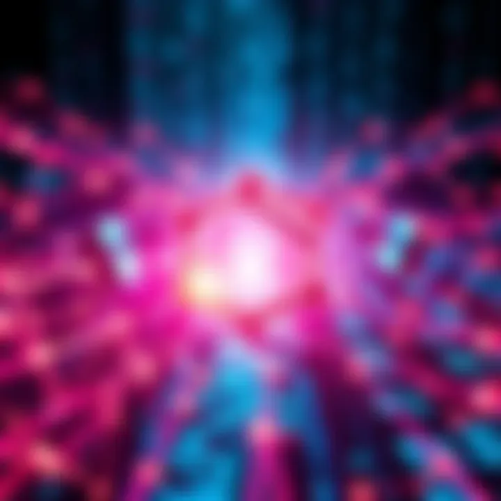 A digital representation of Hashgraph OS technology featuring interconnected nodes and streams of data, illustrating efficient transaction processing.