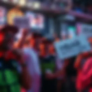 A group of enthusiastic fans wearing HBAR10DOLLARS merchandise, cheering and holding signs at a community event.