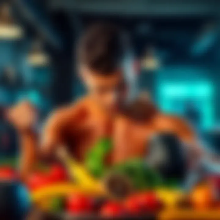 Healthy Lifestyle Transformation A person lifting weights with a look of determination, symbolizing a commitment to fitness and health, alongside healthy food choices like fruits and vegetables.